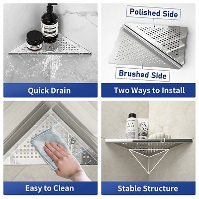 Image showing  10 in. Stainless Steel Corner Shower Shelf, Square Hole Design, Polished, 2-Pack