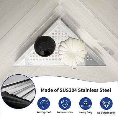 Image showing  10 in. Stainless Steel Corner Shower Shelf, Square Hole Design, Polished, 2-Pack