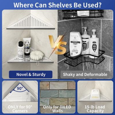 Image showing  10 in. Stainless Steel Corner Shower Shelf, Square Hole Design, Polished, 2-Pack