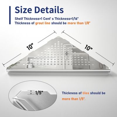 Image showing  10 in. Stainless Steel Corner Shower Shelf, Square Hole Design, Polished, 2-Pack