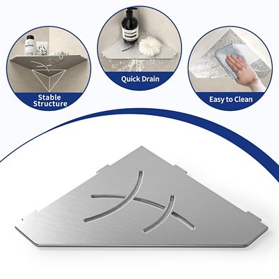 Image showing  10 in. Stainless Steel Pentagonal Corner Shower Shelf, Brushed, 2-Pack