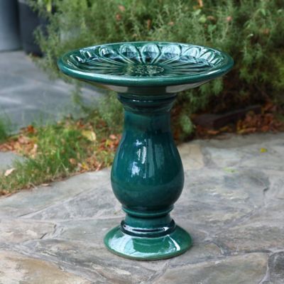 Image showing  Dark Green Flower 21.65-Inch Tall Ceramic Birdbath