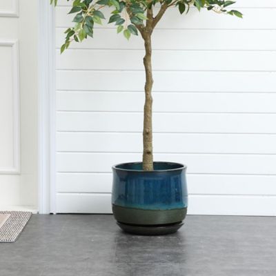 Image showing  Blue and Green Ombre Round Decorative Ceramic Planter Pot