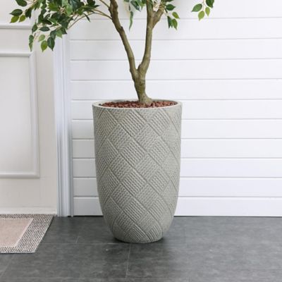Image showing  Gray Glen Pattern 22.4-Inch Tall MgO Round Planter, Indoor and Outdoor