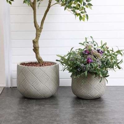 Image showing  Beige Glen Pattern Tall MgO Round Planter, Indoor and Outdoor