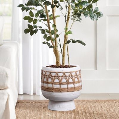Image showing  Boho White with Brown Accents Round MgO Planter