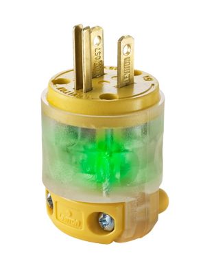 Leviton Cord End Plug, 125 V 15 A 2 Pole, 3 Wires, 5-15P Cord Mount, PVC Housing, Brass Blade, Yellow/Transparent