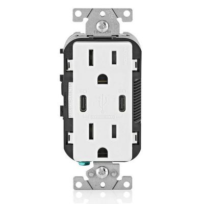 Leviton 15 Amp Decora Tamper-Resistant Outlet 125 Volt NEMA 5-15R Dual Type-C USB Chargers 30W (6A) Side & Back Wired White