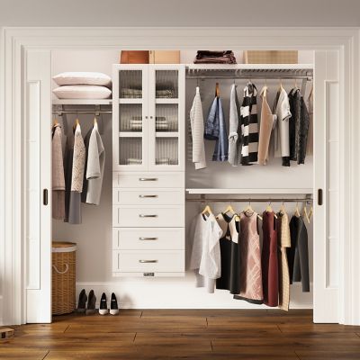 Image showing  Solid Wood Walk-In Closet Organizer with 5 Shaker Drawers and Glass Doors