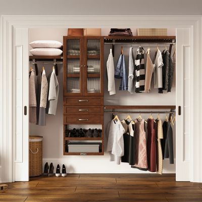 Image showing  Solid Wood Walk-In Closet Organizer with 3 Shaker Drawers and Glass Doors