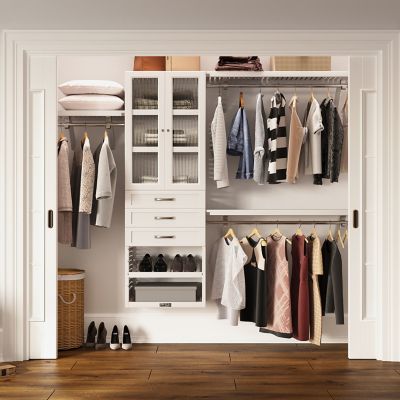 Image showing  Solid Wood Reach-In Closet Organizer with 3 Shaker Drawers and Glass Doors