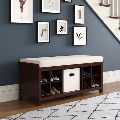 Image showing  Solid Wood Entryway 8-Pair Shoe Storage Bench with 1 Bin