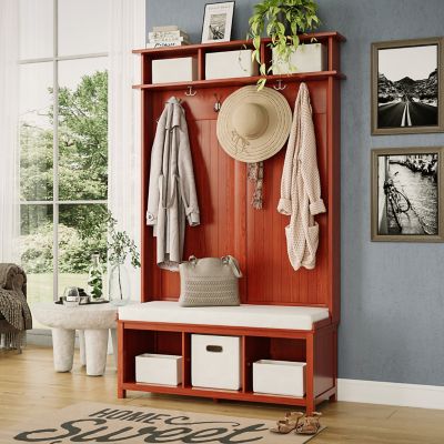 Image showing  Solid Wood Entryway Hall Tree 8 Pair Shoe Storage Bench with 1 Bin