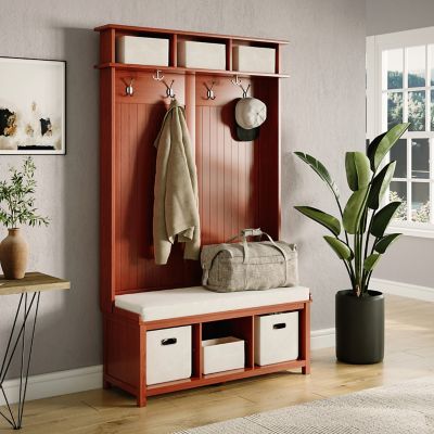 Image showing  Solid Wood Entryway Hall Tree 4 Pair Shoe Storage Bench with 2 Bins