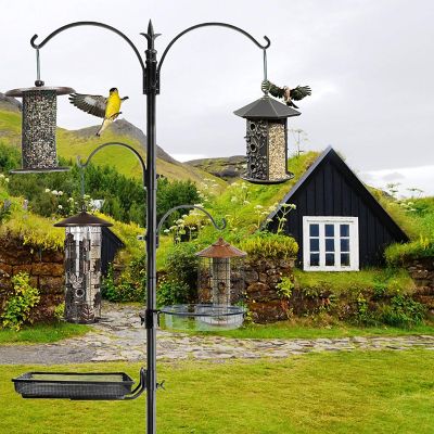 Image showing  Premium Bird Feeding Station - Multi Feeder Pole Stand Kit with 4 Hangers - 22 in. W x 91 in. Tall (1-Pack)