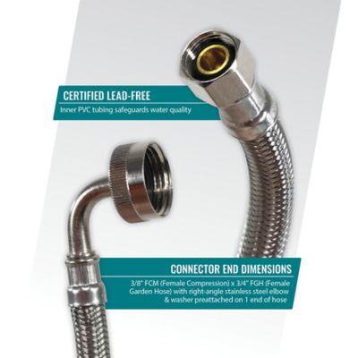 Image showing 7 th Certified Appliance Accessories 4 ft. Braided Stainless Steel Dishwasher Connector with Curved Elbow, 3/8 in. FCM x 3/4 in. FGH