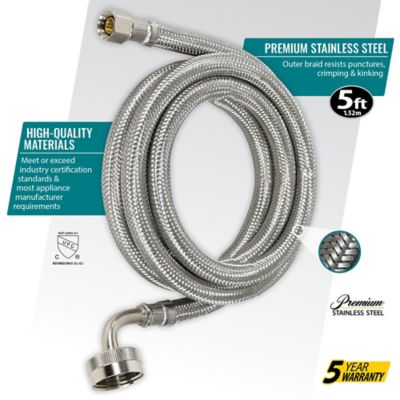 Image showing 6 th Certified Appliance Accessories 5 ft. Braided Stainless Steel Dishwasher Connector with Curved Elbow, 3/8 in. FCM x 3/4 in. FGH