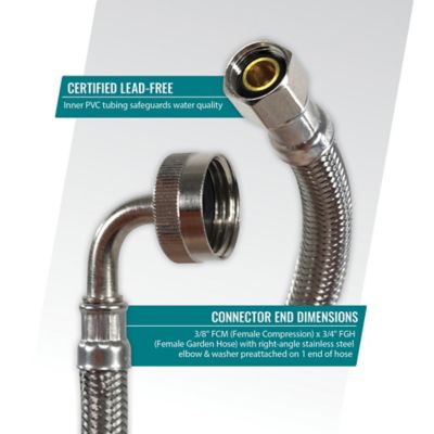Image showing 7 th Certified Appliance Accessories 5 ft. Braided Stainless Steel Dishwasher Connector with Curved Elbow, 3/8 in. FCM x 3/4 in. FGH