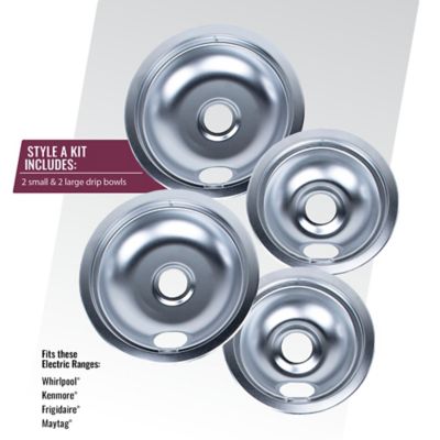 Image showing  Chrome Style A Drip Bowls, 2 Lg 8in & 2 Sm 6in for Whirlpool, Kenmore Frigidaire & Maytag Ranges