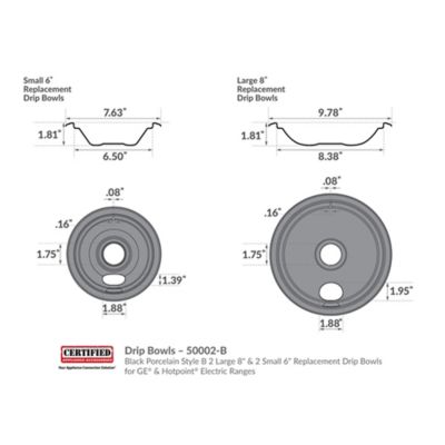 Image showing  Black Porcelain Style B Drip Bowls, 2 Large 8in & 2 Small 6in for GE & Hotpoint Electric Ranges