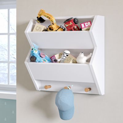 Image showing  Kids Catch-All Wall Bookshelf with 2 Toy Storage Cubbies and 3 Wooden Hooks