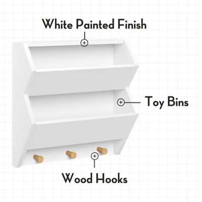 Image showing  Kids Catch-All Wall Bookshelf with 2 Toy Storage Cubbies and 3 Wooden Hooks