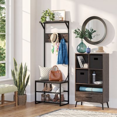 Image showing 6 th RiverRidge Home Afton Hall Tree Shoe Storage Organizer Cabinet with Hooks and Top Storage Shelf Entryway Bench Seat