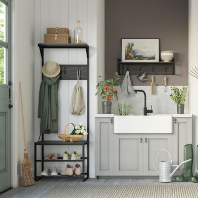 Image showing 7 th RiverRidge Home Afton Hall Tree Shoe Storage Organizer Cabinet with Hooks and Top Storage Shelf Entryway Bench Seat