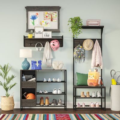 Image showing 8 th RiverRidge Home Afton Hall Tree Shoe Storage Organizer Cabinet with Hooks and Top Storage Shelf Entryway Bench Seat