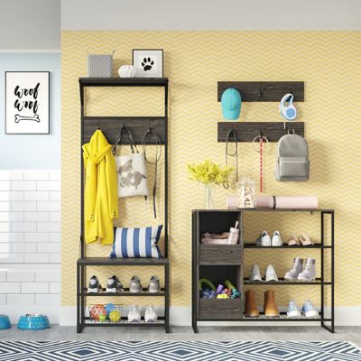 Image showing 9 th RiverRidge Home Afton Hall Tree Shoe Storage Organizer Cabinet with Hooks and Top Storage Shelf Entryway Bench Seat