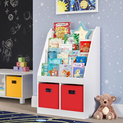 Image showing  Kids Bookshelf and Toy Storage Organizer with 4 Bookracks and 2 Cubbies, Red