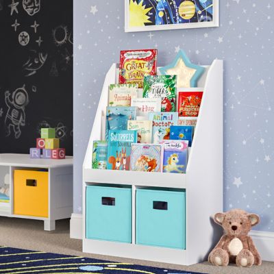Image showing  Kids Bookshelf and Toy Storage Organizer with 4 Bookracks and 2 Cubbies, Aqua