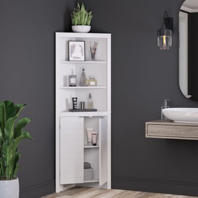 Image showing  2-Door Madison Tall Corner Bathroom Storage Cabinet with Open Shelves, White