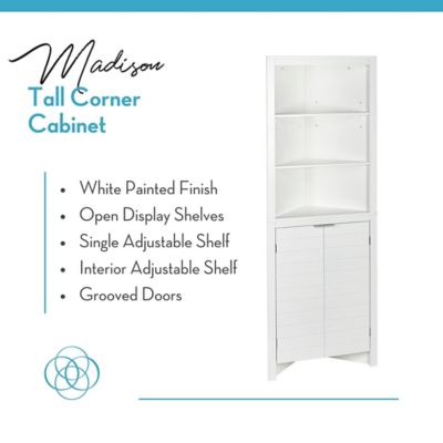 Image showing  2-Door Madison Tall Corner Bathroom Storage Cabinet with Open Shelves, White