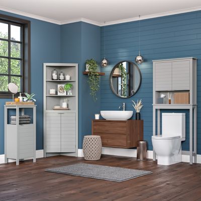 Image showing  2-Door Madison Tall Corner Bathroom Storage Cabinet with Open Shelves, Gray