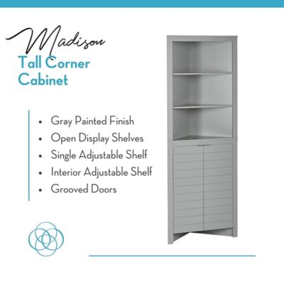 Image showing  2-Door Madison Tall Corner Bathroom Storage Cabinet with Open Shelves, Gray