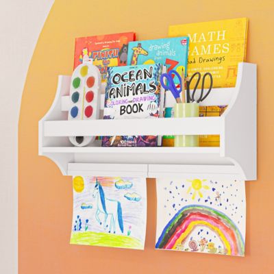 Image showing  Kids Wall Mount Bookshelf with 2 Kids Art Display Bars - Floating Bookshelf for Book Nook