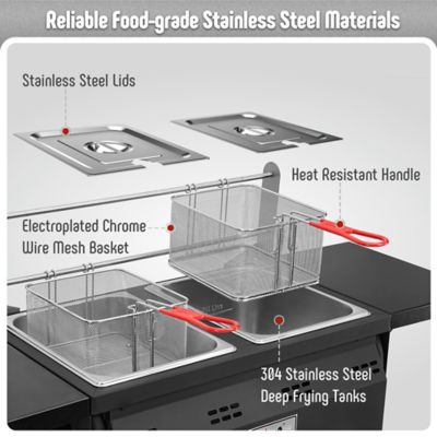 Image showing  Movable Propane Fryer Cart & Regulator, 50,000 BTU, Dual Tank with Dual Independent Cast Iron Burners and Thermometers,