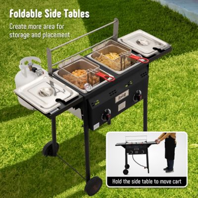 Image showing  Movable Propane Fryer Cart & Regulator, 50,000 BTU, Dual Tank with Dual Independent Cast Iron Burners and Thermometers,