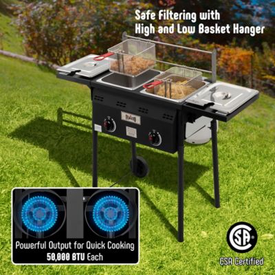 Image showing  Movable Propane Fryer Cart & Regulator, 50,000 BTU, Dual Tank with Dual Independent Cast Iron Burners and Thermometers,