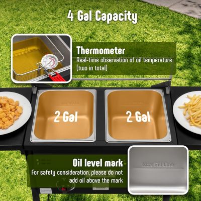 Image showing 7 th Feasto Movable Propane Fryer Cart & Regulator, 50,000 BTU, Dual Tank with Dual Independent Cast Iron Burners and Thermometers,