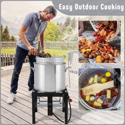Image showing 6 th Feasto 80 qt. Aluminum Seafood Boil Pot with Strainer Basket, 100,000 BTU, Outdoor Fryer Kit for Seafood Boiling, CSA Certified