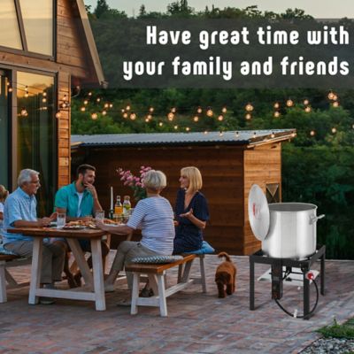 Image showing 7 th Feasto 80 qt. Aluminum Seafood Boil Pot with Strainer Basket, 100,000 BTU, Outdoor Fryer Kit for Seafood Boiling, CSA Certified