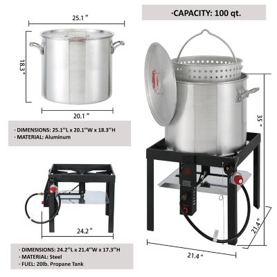 Image showing  100 qt. Aluminum Seafood Boil Pot & Strainer Basket, 100,000 BTU, Outdoor Fryer Kit for Seafood Boiling, CSA Certified