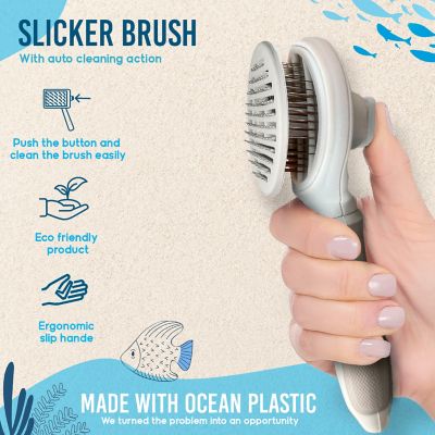 Image showing  Self-Cleaning Pin Slicker Brush, Retractable Head, Eco-Friendly Grooming Tool for Dogs & Cats, OPMSLB10-BEI