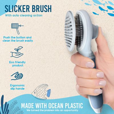 Image showing  Self-Cleaning Pin Slicker Brush, Retractable Head, Eco-Friendly Grooming Tool for Dogs & Cats, OPMSLB10-BLU