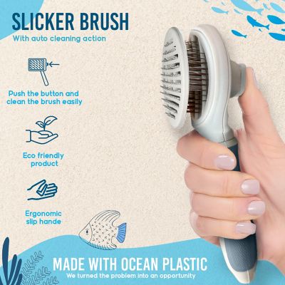 Image showing  Self-Cleaning Pin Slicker Brush, Retractable Head, Eco-Friendly Grooming Tool for Dogs & Cats, OPMSLB10-GRY