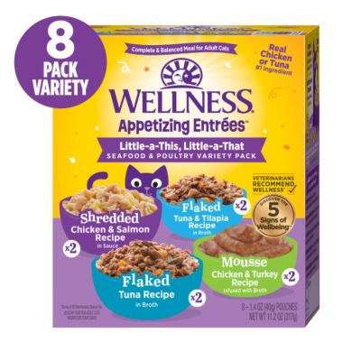 Wellness Appetizing Entres Flaked, Shredded and Mousse Adult Wet Cat Food, Natural, Protein-Rich, Grain Free, 1.4 OZ Pouch 8PK