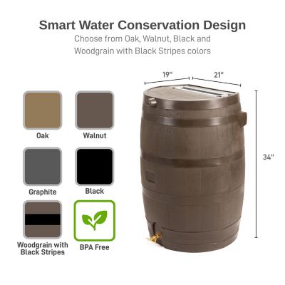 Image showing  50 Gallon Polyethylene Flat Back Brass Spigot Rain Barrel, Walnut Color
