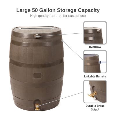 Image showing  50 Gallon Polyethylene Flat Back Brass Spigot Rain Barrel, Walnut Color